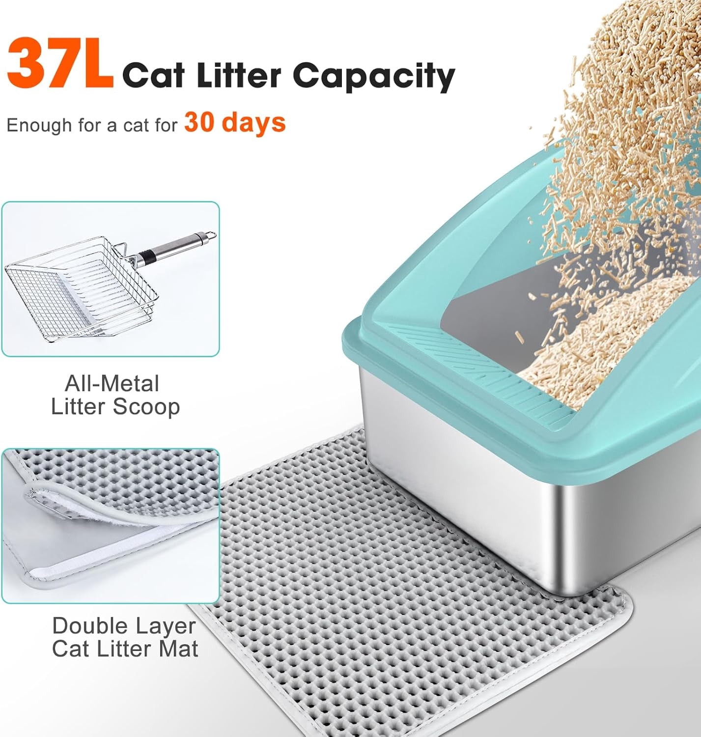 High Sided, Anti-Urine Leakage Stainless Steel Litter Box, XL Enclosed Cat Litter Boxes with Lid for Big Cats, Non-Stick Bottom, Includes Litter Mat & Metal Scoop