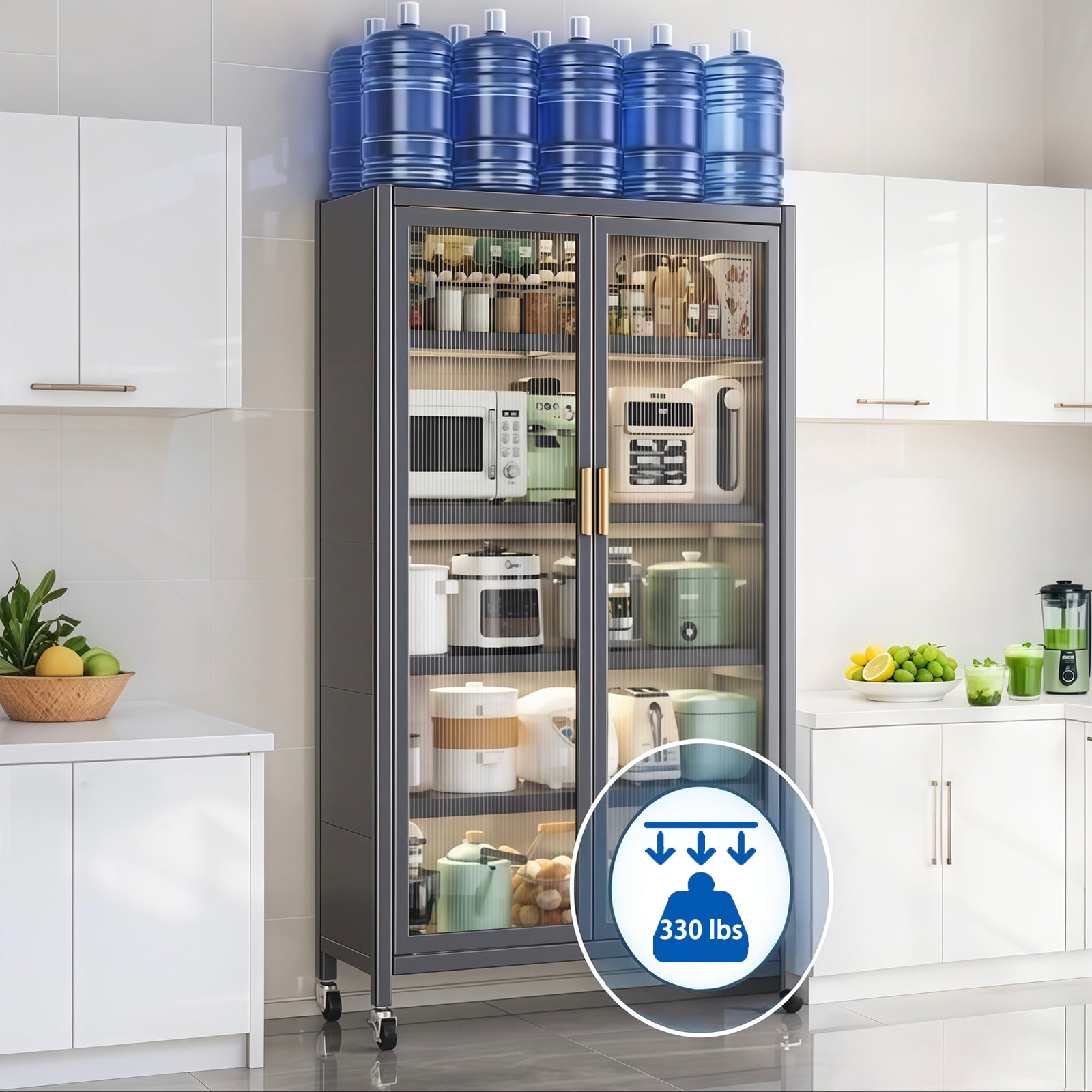 65" Kitchen Pantry Cabinet, 5 Tier Metal Display Storage Cabinet with Transparent Door, Adjustable Shelves & Wheels, Food Pantries Cabinets, for Kitchen, Living Room and Dining Room