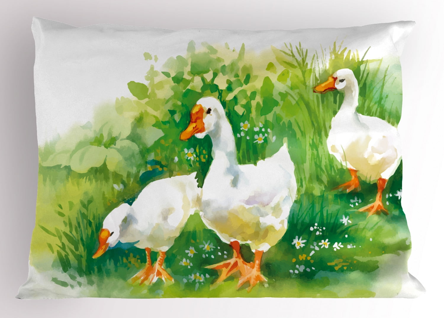 Rubber Duck Pillow Sham Goose in Farm Lake Plants Grass Reeds Flowers