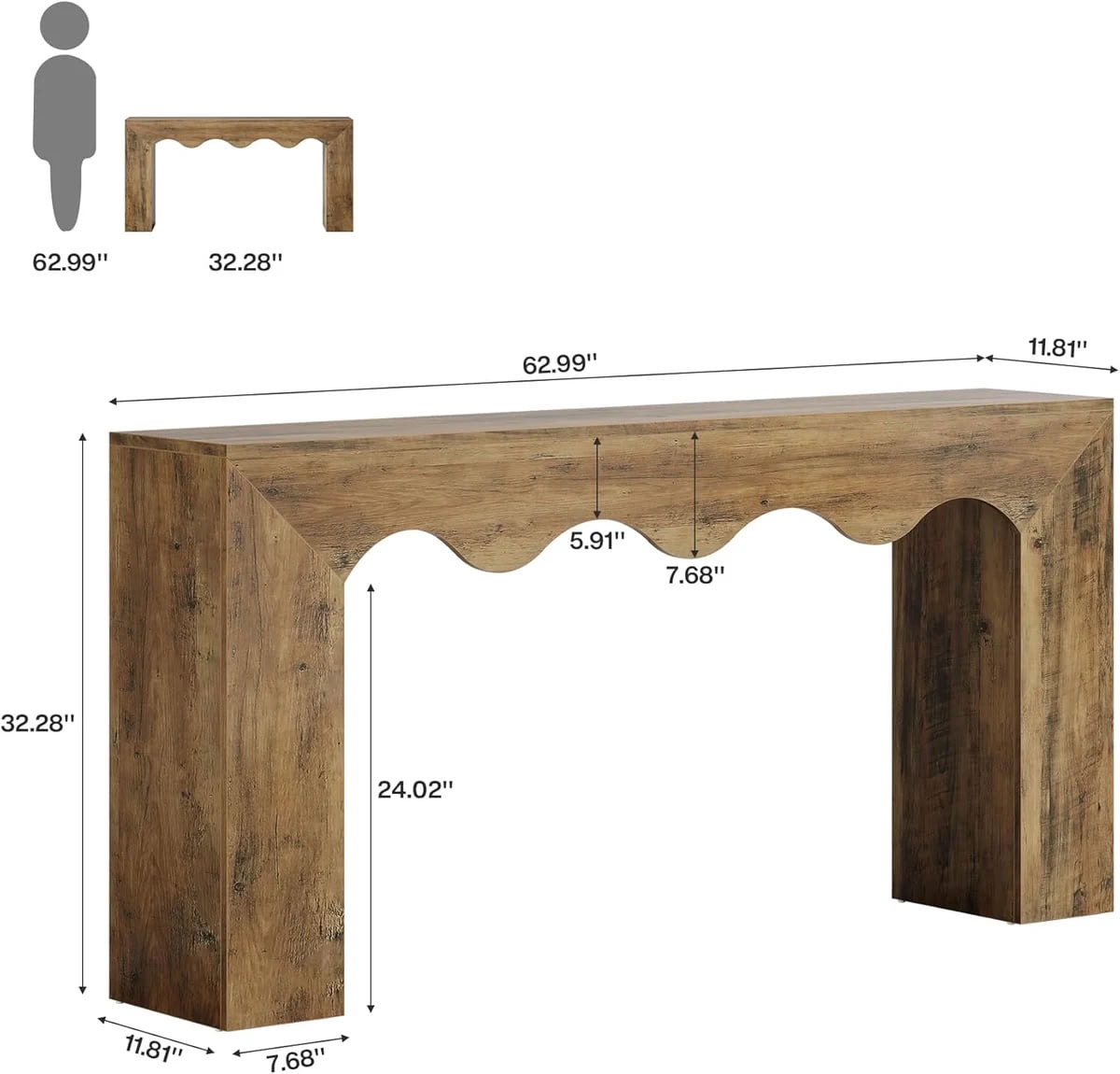 MAYEERTY 63" Retro Console Table, Wooden Entryway Sofa Table with Unique Wave Edge Design, Vintage Hallway Accent Stand with Storage for Living Room