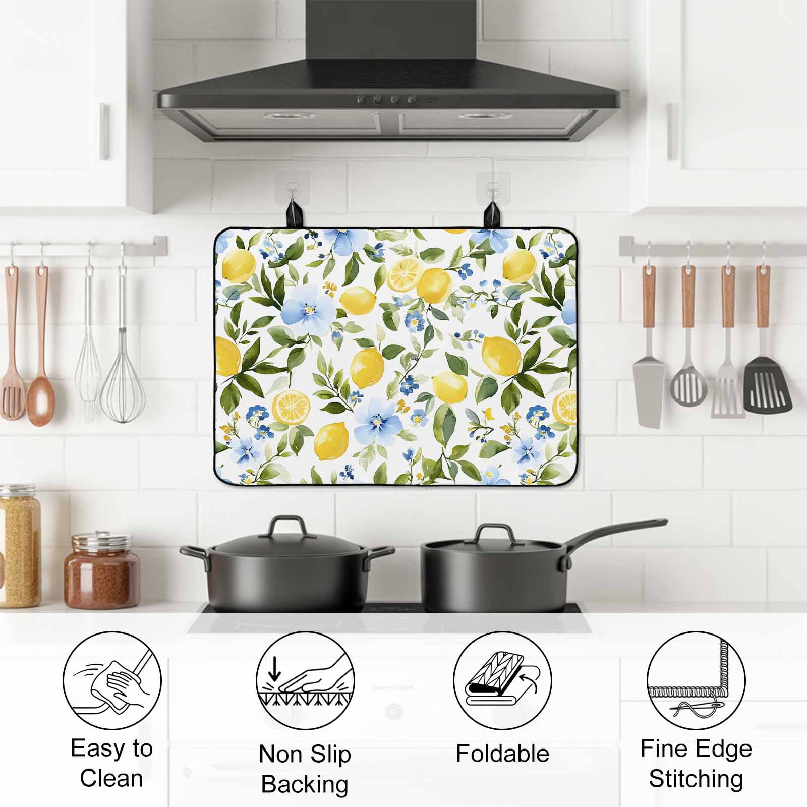 Eucalyptus Lemon Stove Top Cover for Electric Stove, Heat-proof & Non Slip Glass Top Stove Cover Protector, Sage Green Leaf Blue Flower Fruit Kitchen Flat Cooktop Rubber Mat 24x21 Inches