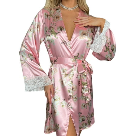 

Sunisery Women s 3pcs Satin Pajama Set Floral Lace Trim Cami Bra Lingerie Sleepwear with Kimono Bathrobe Nightdress Lounge Set