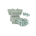 thumbnail image 2 of Aojekbee Baby Girls Father's Day Outfits Letter Print Fly Sleeve Romper with Floral Shorts and Heaband 3 Pcs Summer Set, 2 of 10