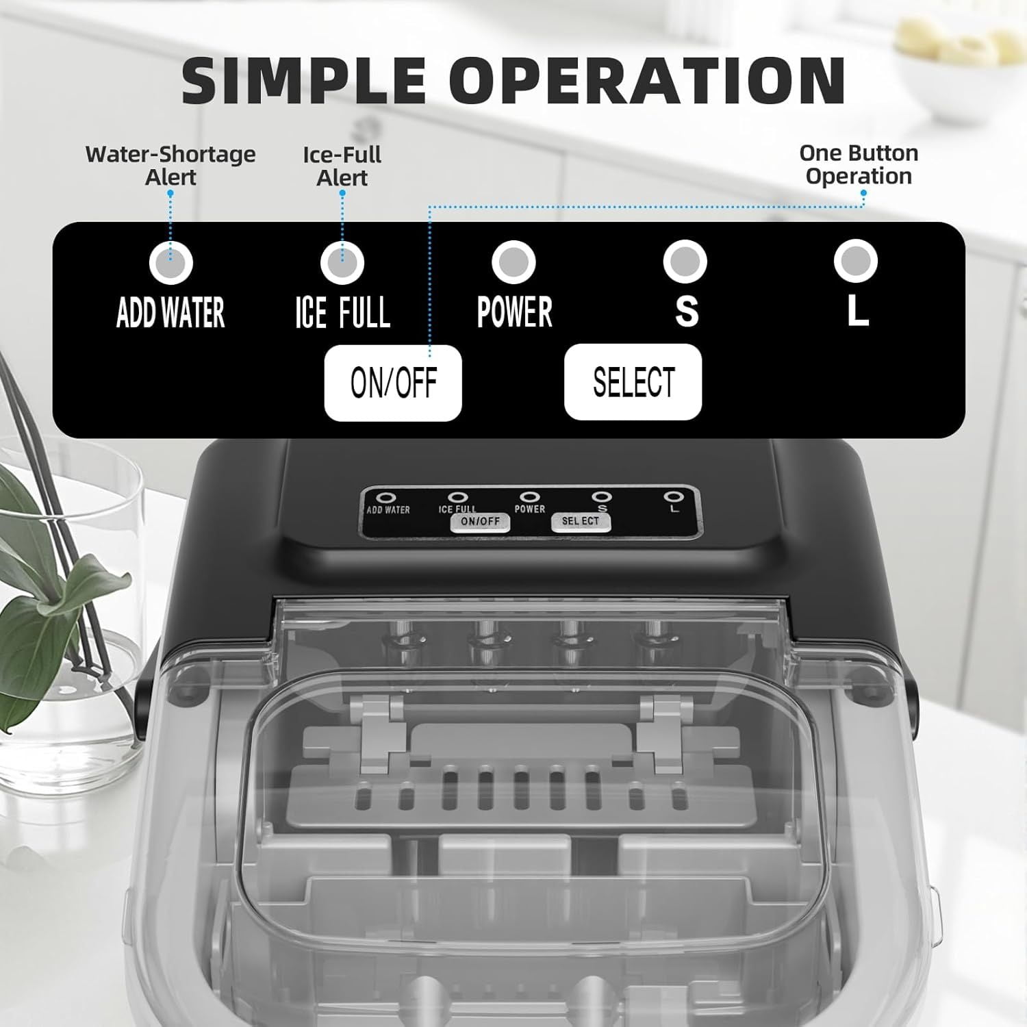 Countertop Ice Maker Machine, 8 Cubes in 6 Mins, 26.5 lbs/Day, Self-Cleaning, 2 Sizes, for Home/Kitchen/Camping/RV， Black
