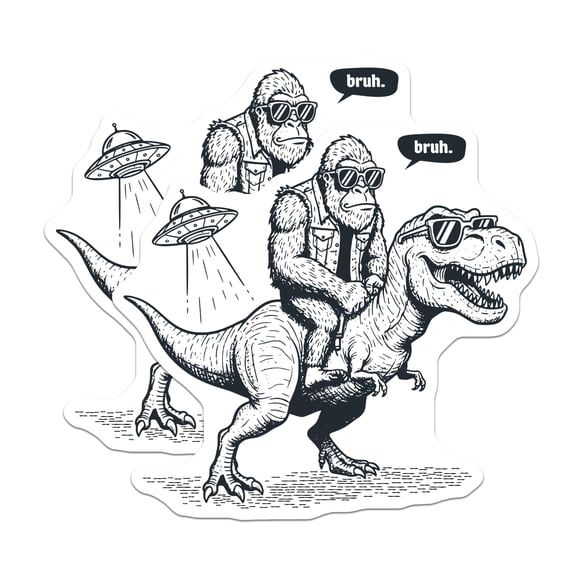 (2 Pack) Gorilla Riding T Rex Stickers - Bruh Meme - Funny Cool Dinosaur Alien UFO Sticker - Retro Sci Fi Animal - 5" On Longest Side - Sticks to Smooth Flat Surfaces - Made in USA - BMCS21936