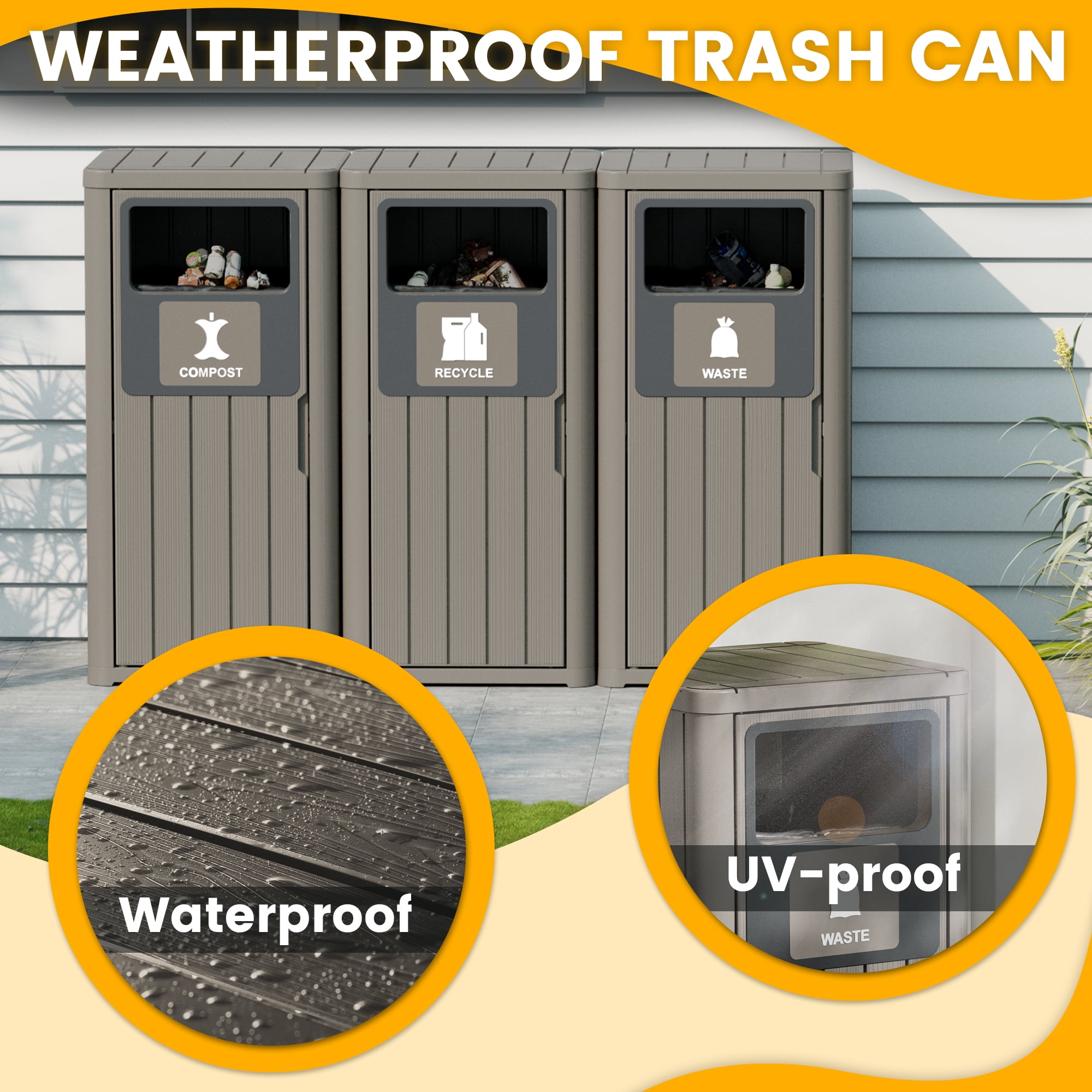 Bifanuo 42 Gallon Triple Bin Trash Can - 3-Pack Waste, Recycling & Compost Bins, Heavy-Duty Waterproof Outdoor Garbage Can for Patio, Kitchen & Commercial Use