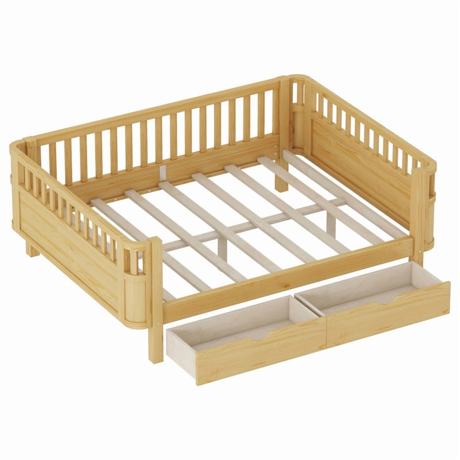 Full Size Bed Frame with Rails, Wood Montessori Bed Full with 2 Storage Drawers &Slats Support, Modern Daybed with Removable Bed Rails for Bedroom Living Room, Natural