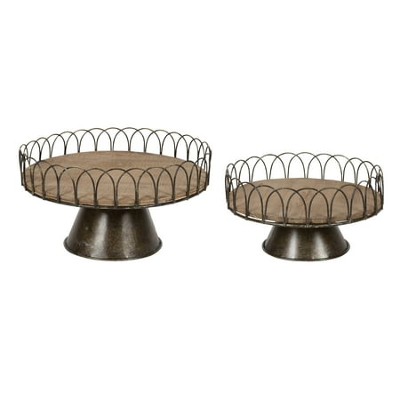 Metal Display Stand - Kate and Laurel - Tatum Decorative Round Rustic Wooden Tray Set Pedestal Display Stands with Black Metal Base, 2 Pieces, Large: 12-Inch, Small: 10-Inch