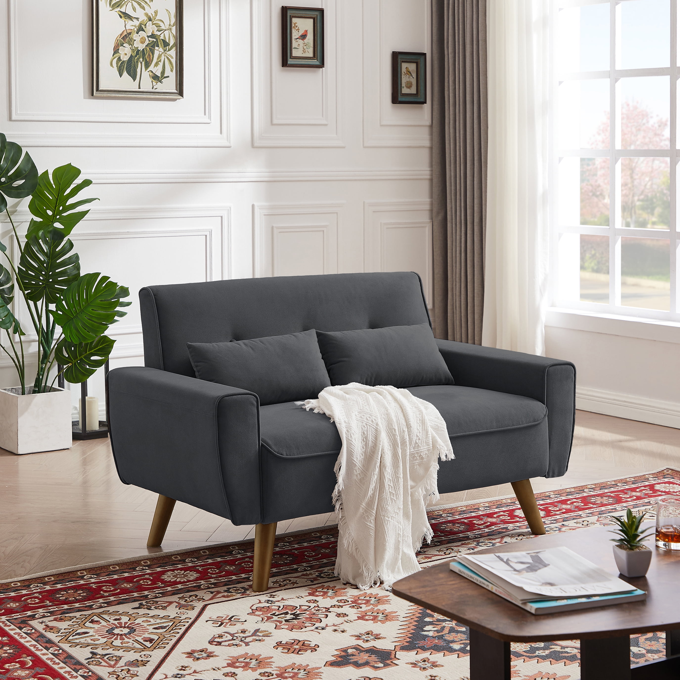 Tornama Mid Century Modern Linen Fabric Tapered Wood Legs Loveseat, Dark Grey