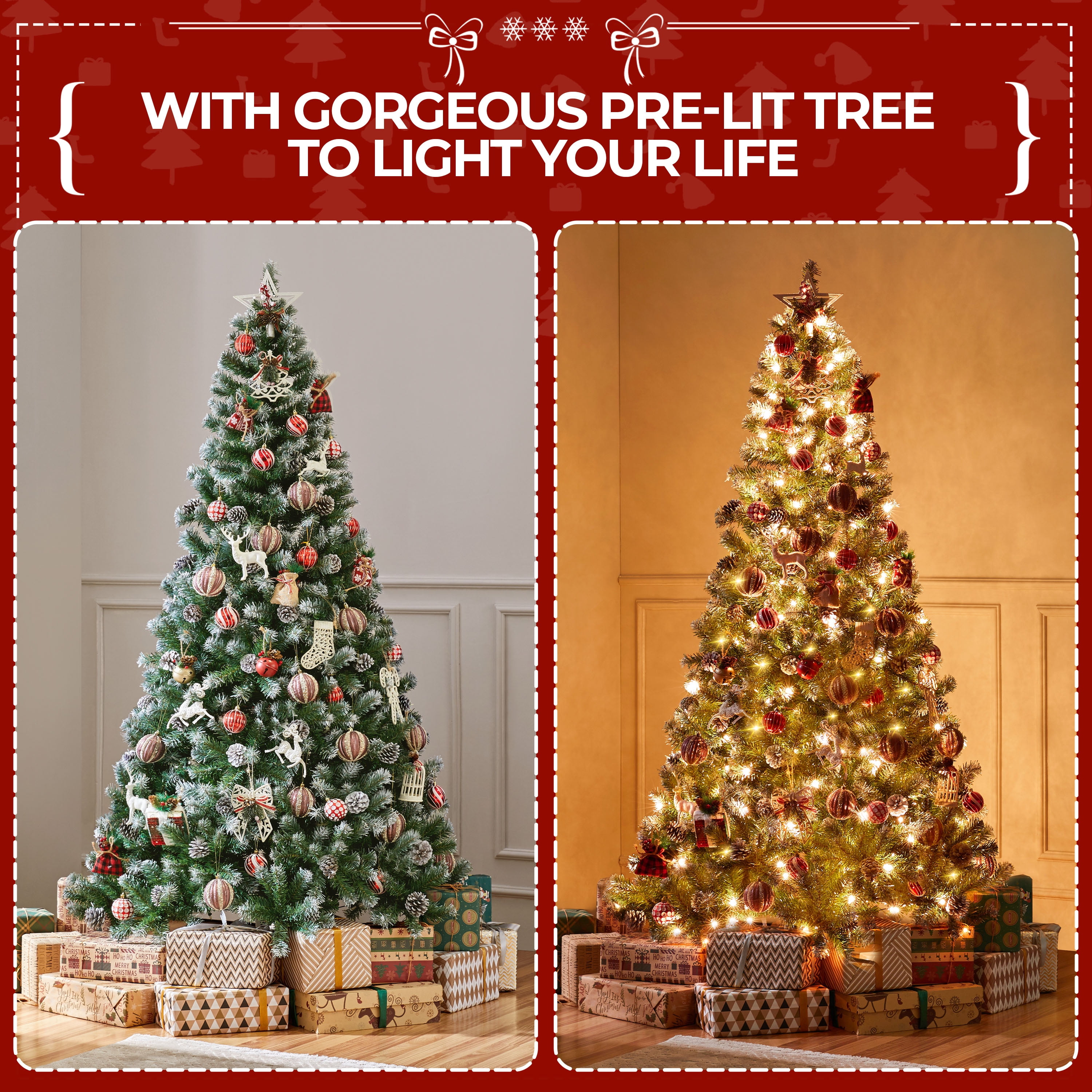 Alden Design 6FT Frosted Artificial Christmas Tree with Pinecones, Pre-Lit Warm White Lights and Stand Included, Green