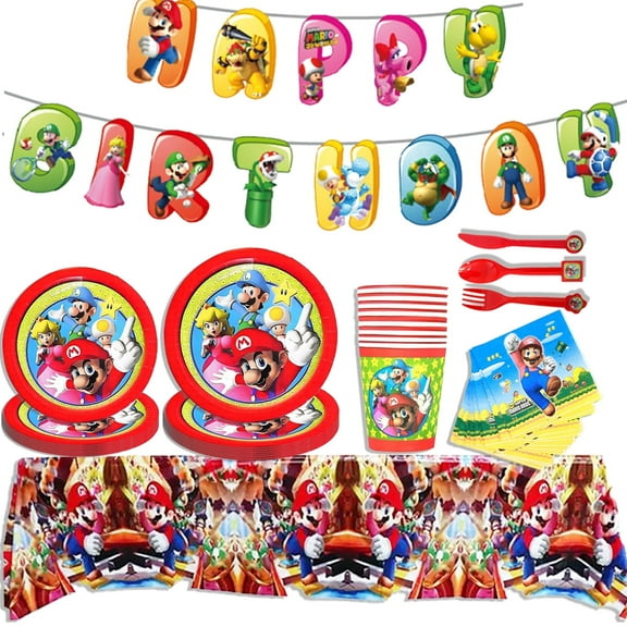 142Pcs Super Bros Themed Party Decorations, Birthday Party Supplies Decorations Set-Plates Napkins Tablecloth Tableware for 20 Guests Kids Birthday