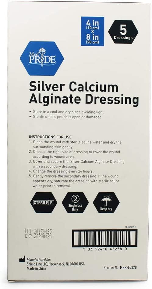 MED PRIDE Silver Calcium Alginate Non Stick Wound Pads, 4 X 8 Inch, 5 Count Sterile, Highly Absorbent