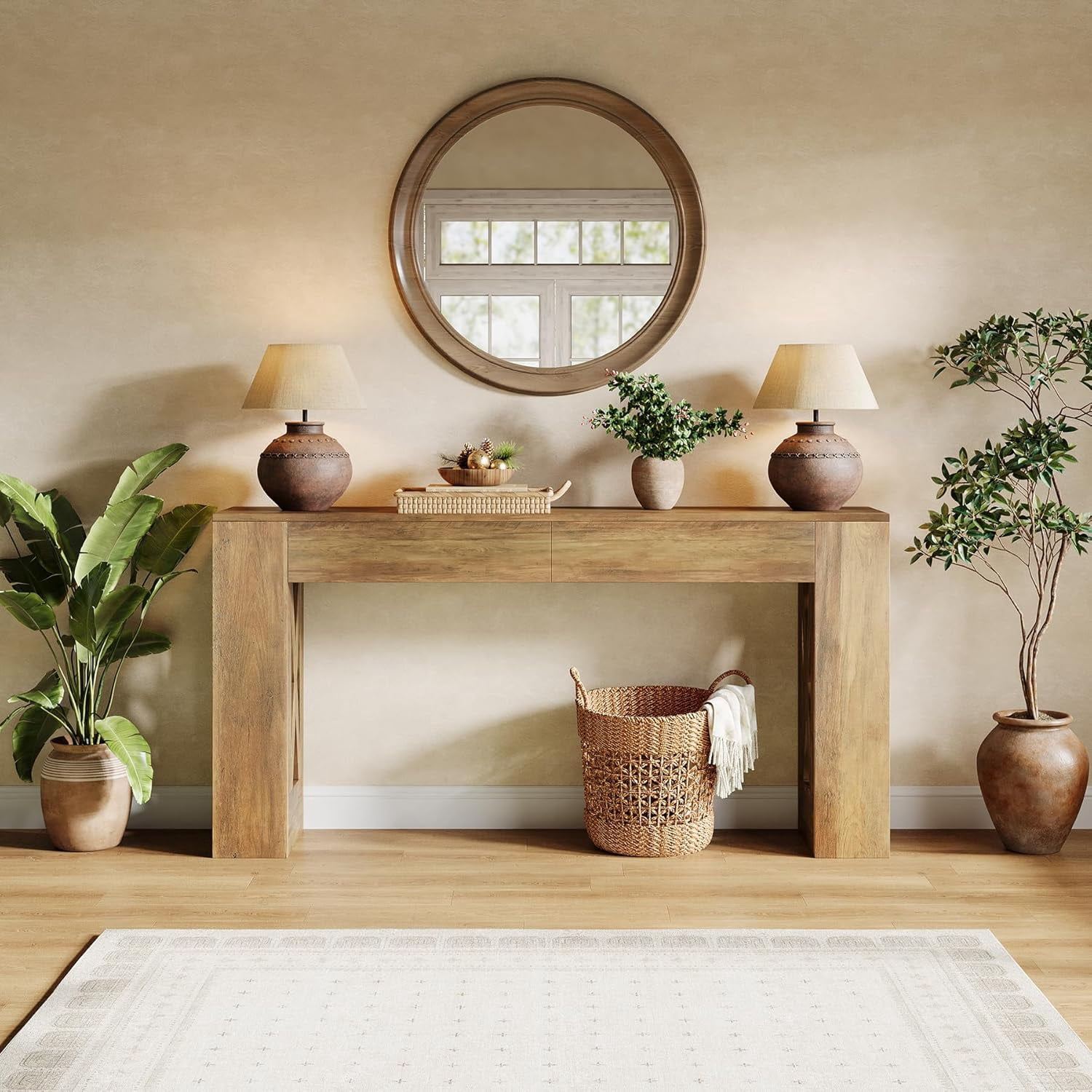 Tribesigns 63-Inch Long Console Table, Farmhouse Entryway Table with 2 Drawers and X-Shaped Legs for Entrance, Warm Brown