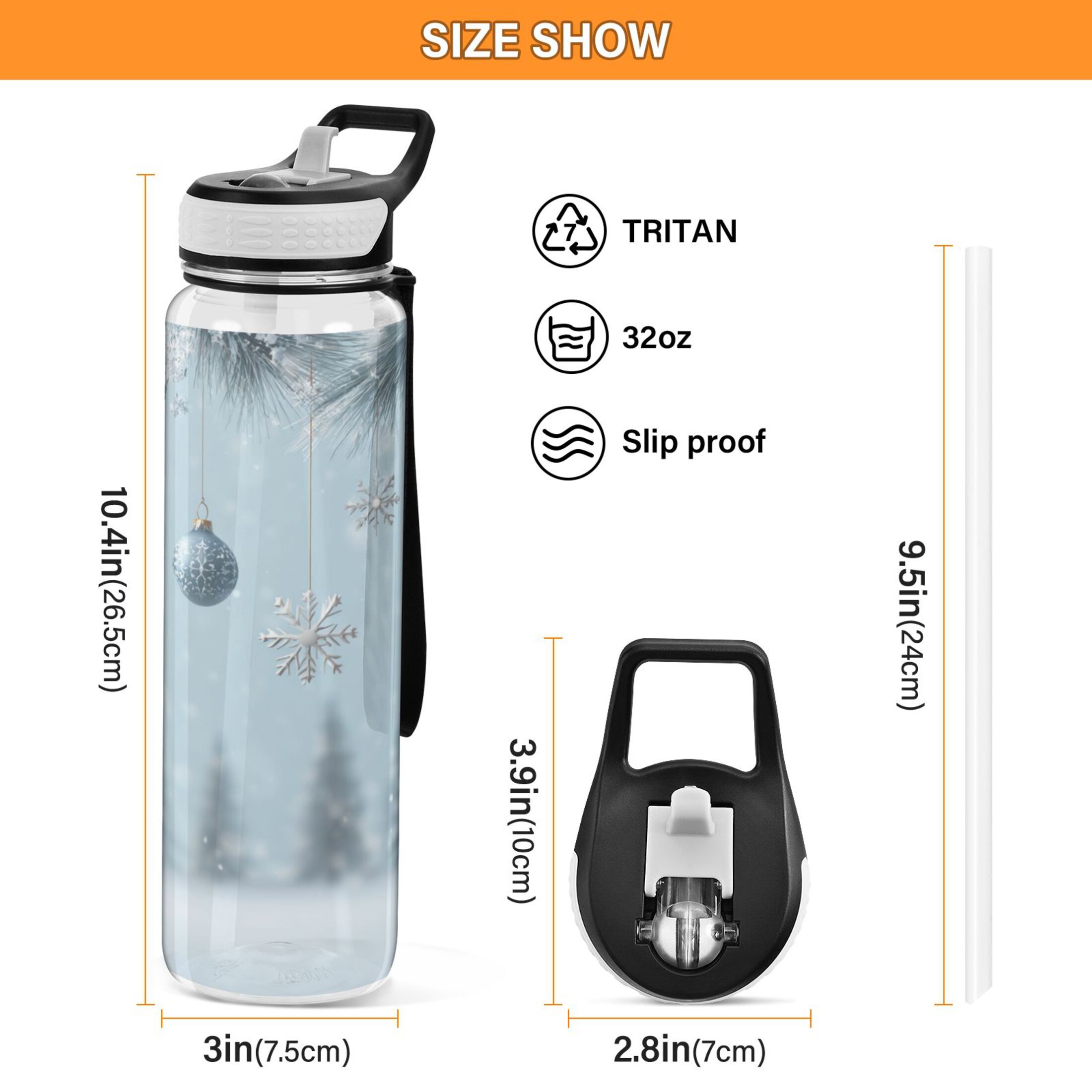 1000ML Transparent Sports Water Bottle with Handle & Straw Portable Water Bottle for Outdoor Camping Gym Glass Christmas Ornaments