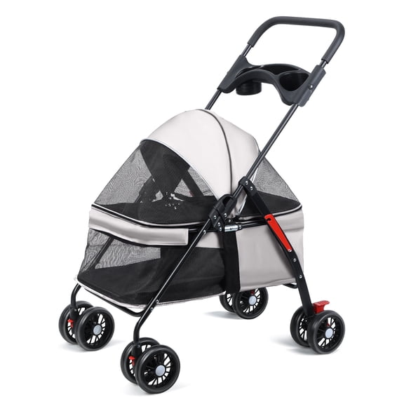 Trendix Dog Cat Stroller 4 Wheels Cart, Dog Cat Cage with Cup Holder, Breathable and Visible Mesh Outdoor Travel Pet Folding Stroller, Grey