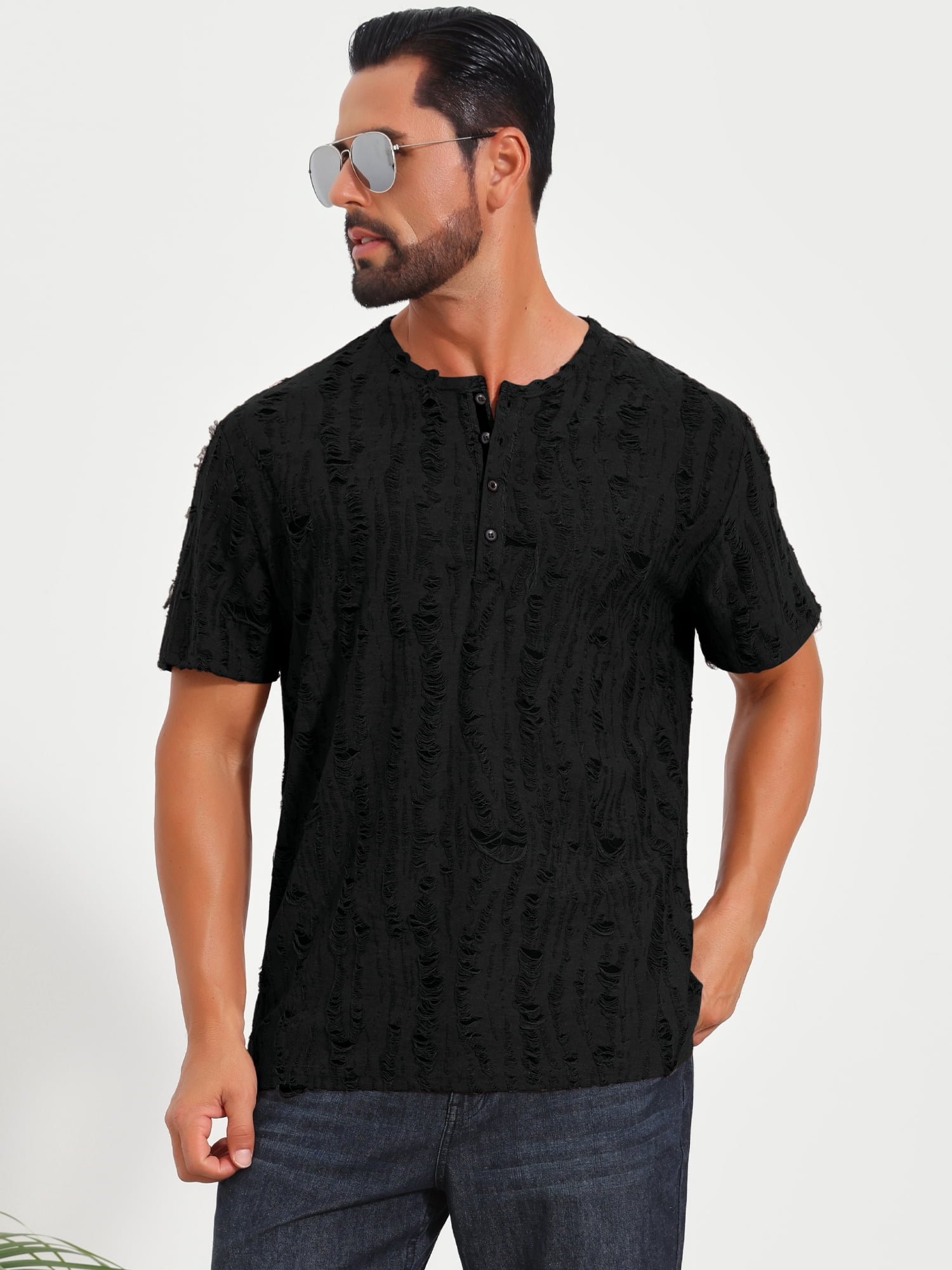 DARING DIVA Men's Ripped Henley Retro Short Sleeve Button Down T-Shirt XL Black