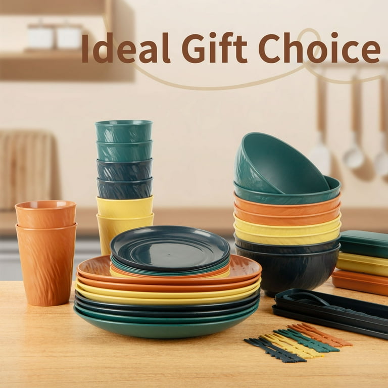 GPED 72 Pcs Imitation Rock Texture Wheat Straw Dinnerware Sets For