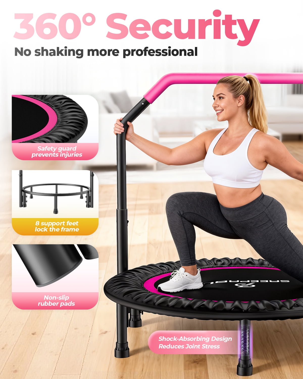 SAEEPABUL 40 Inch Mini Fitness Rebounder Trampoline with Adjustable Handle, Indoor Exercise Workout Trampoline for Adults, Max Load 330lbs Pink
