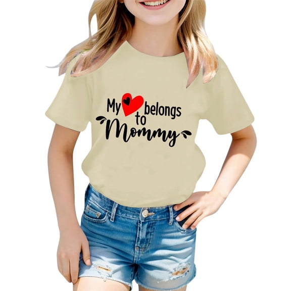 Wuxian Children Toddler Baby Girls Shirts Short Sleeve Tee My Heart Belongs To Mommy Letter Tee Casual Round Neck Loose Fit Relaxed Comfort Summer Mother'S Day T-Shirt Top ,Beige,1-2 Years