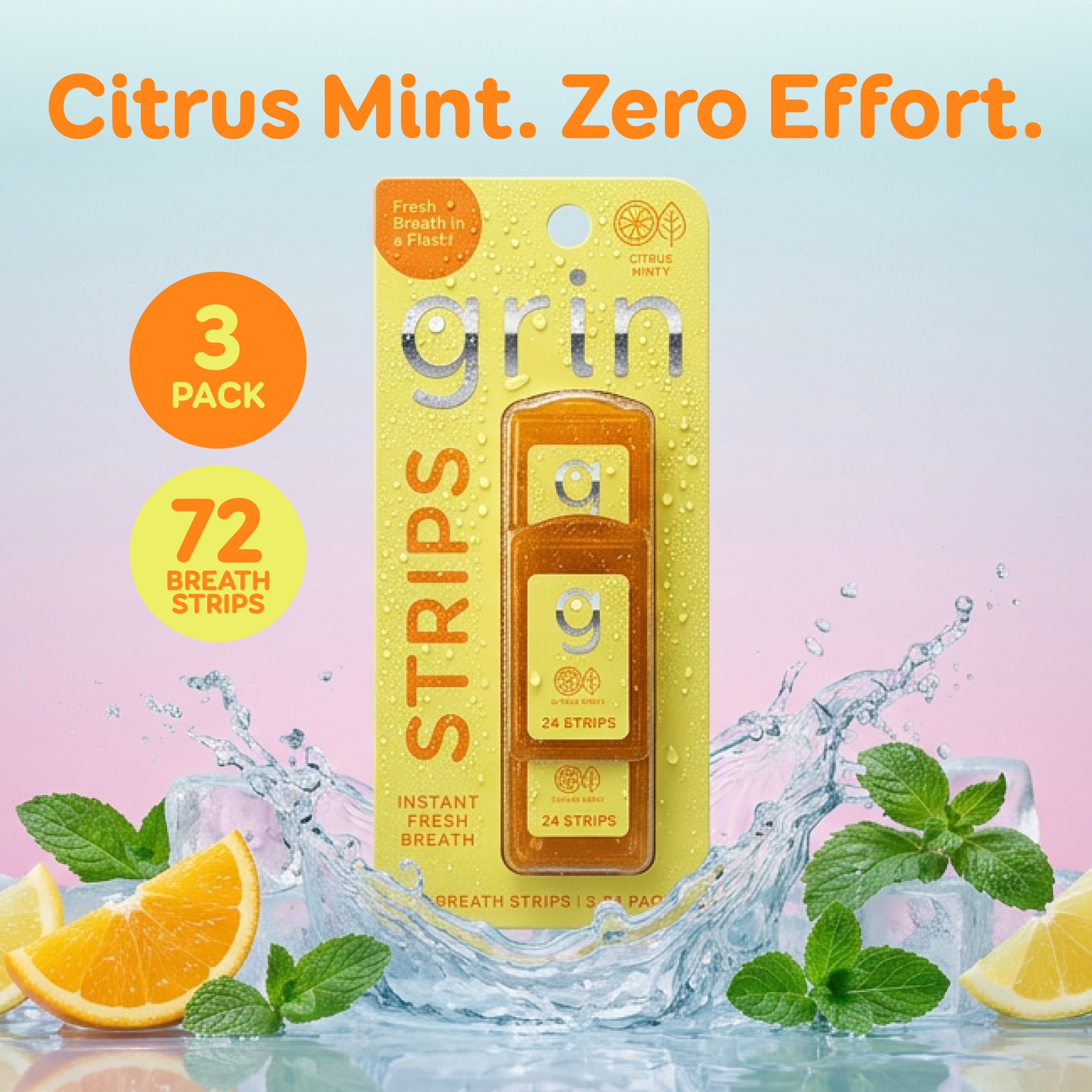 Grin Strips Breath Strips, Citrus Minty, Instant Fresh Breath, Dissolves Instantly on Your Tongue, Sugar-free and Calorie-free, No Artificial Colors, 72 Breath Strips (3-24 Packs), Pocket-Sized Pack