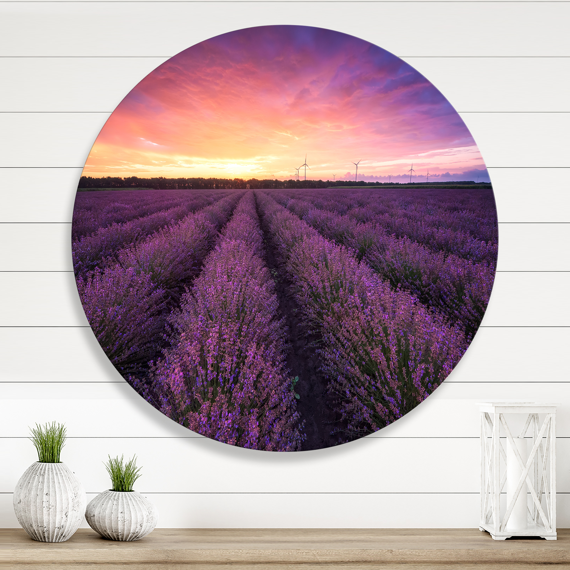 Designart 'Dramatic Clouds and Sunrise Over Lavender Field XIII' Farmhouse Circle Metal Wall Art 11x11 - Disc of 11