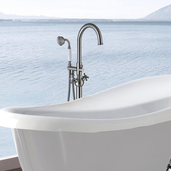 Freestanding Bathtub Faucet, Freestanding Bathtub Faucet with Hand Shower, Brushed Nickel Freestanding Tub Filler,Metal Standalone Tub Faucet, Bath & Faucets Freestanding Tub Faucets