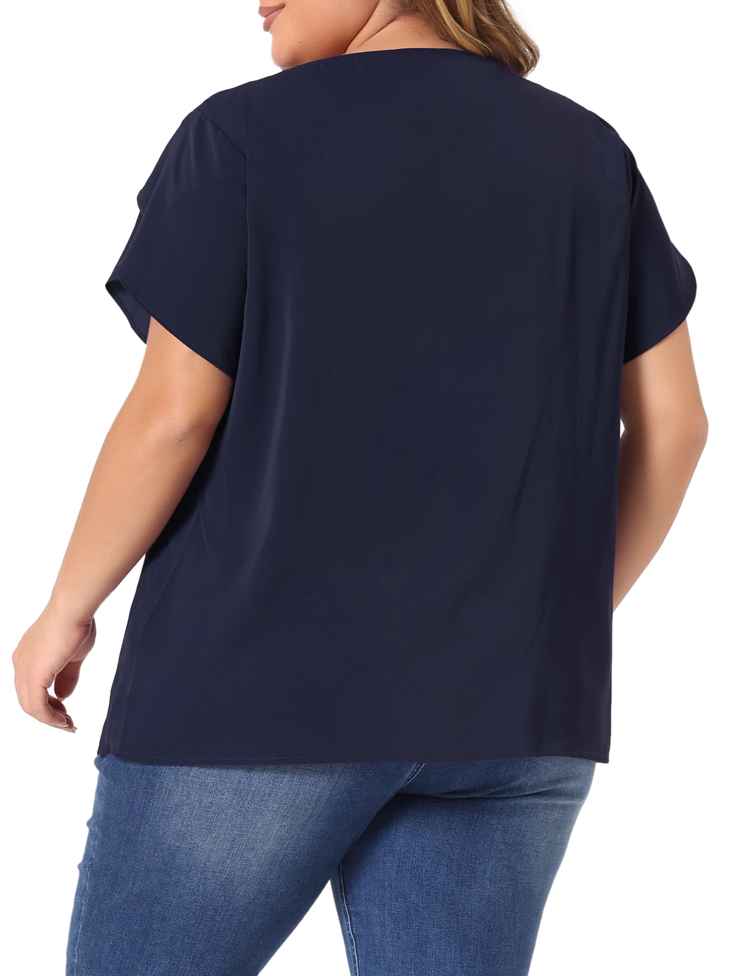 DARING DIVA Women's Plus Size Round Neck Pleated Tulip Sleeve Shirt Blouse 4X Dark Blue