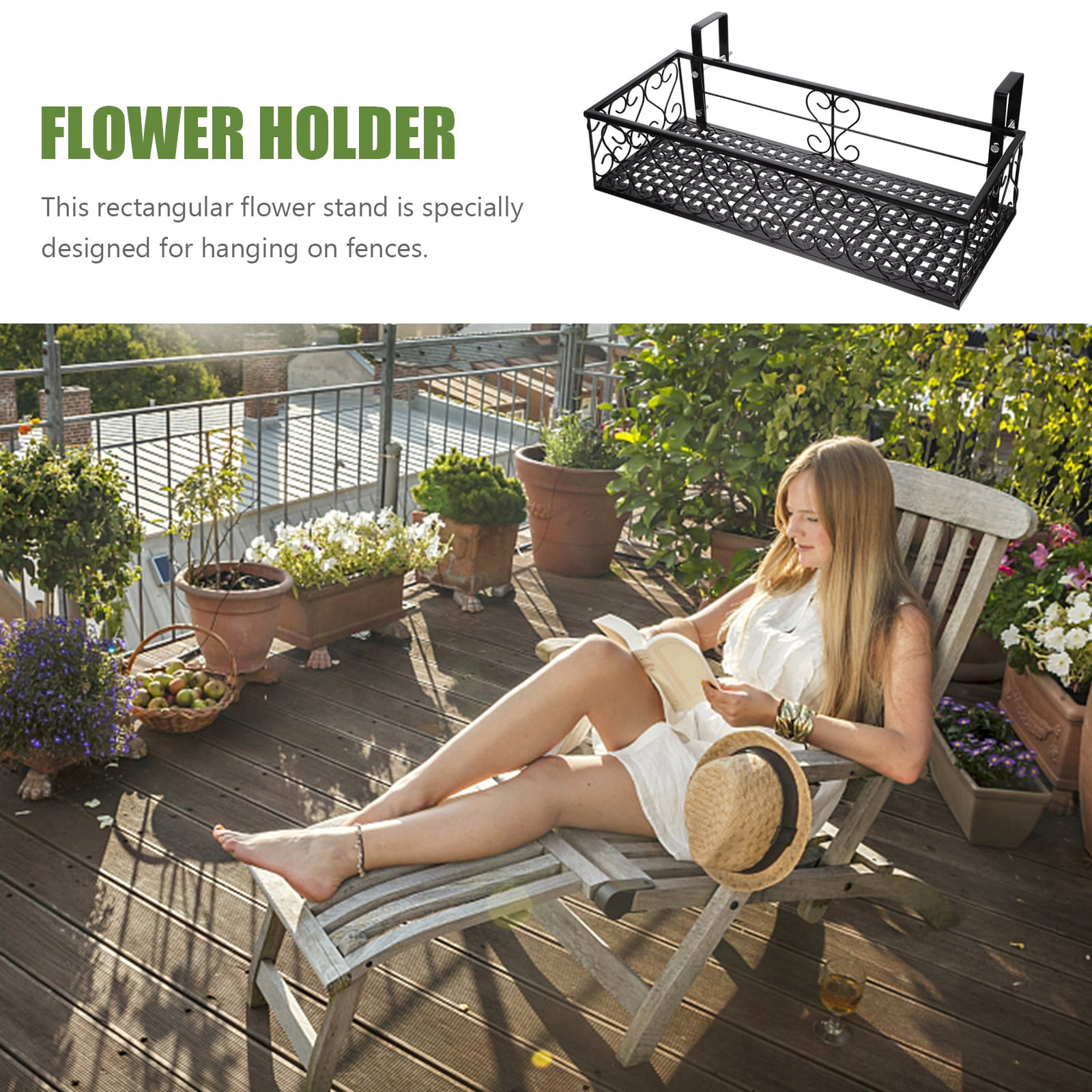 4pcs Balcony Planters Railing Hanging Shelf, Iron Plant Pots Holder With Hooks 19.6 Inch for Balcony Patio