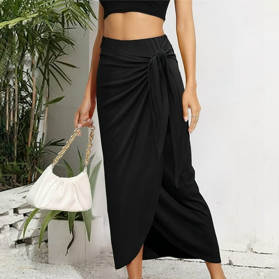Aueoeo Women Ruched Pencil Skirt High Waist Wrap Tie Front Asymmetrical Long Maxi Skirts Bodycon with Slit Black L