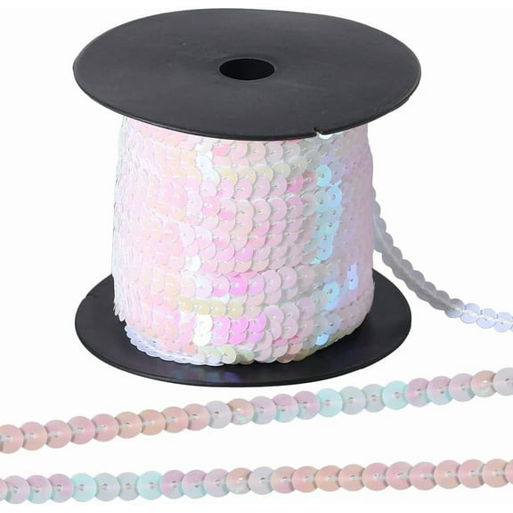 100 Yards 6MM White Sequin Trim Sequins Beaded Strip Trimming Ribbon Flat Spangle Metallic Glitter Paillette String Bulk Roll for Sewing Making Clothes Dresses Costume Crafts DIY Home Decor
