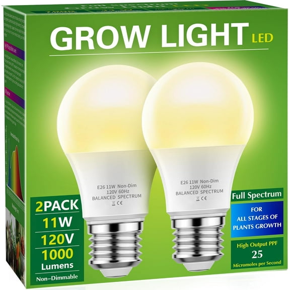 Grow Light Bulbs, LED Grow Light Bulb A19 Bulb, Full Spectrum Grow Light Bulb, Plant Light Bulbs E26 Base, 11W Grow Bulb 100W Equivalent, Grow Light for Indoor Plants, Seed Starting, 2Pack