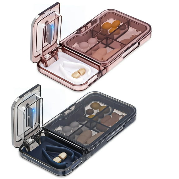 2 PCS Compact 4 Compartment Pill Organizer And Cutter Small Medicine Box (Pink, Blue)