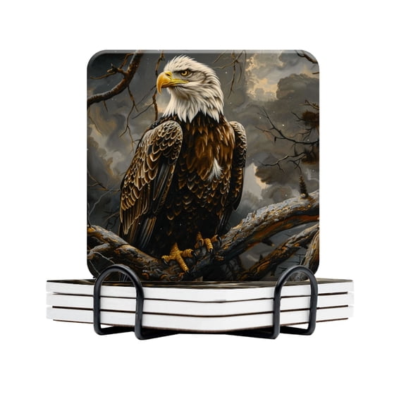 BaHomeck Drink Coasters Set Of 4 With Holder Majestic Bald Eagle Perched On The Branch Water Absorbent Ceramic Coasters Tabletop Protection,Suitable For Various Cup,Home Decor