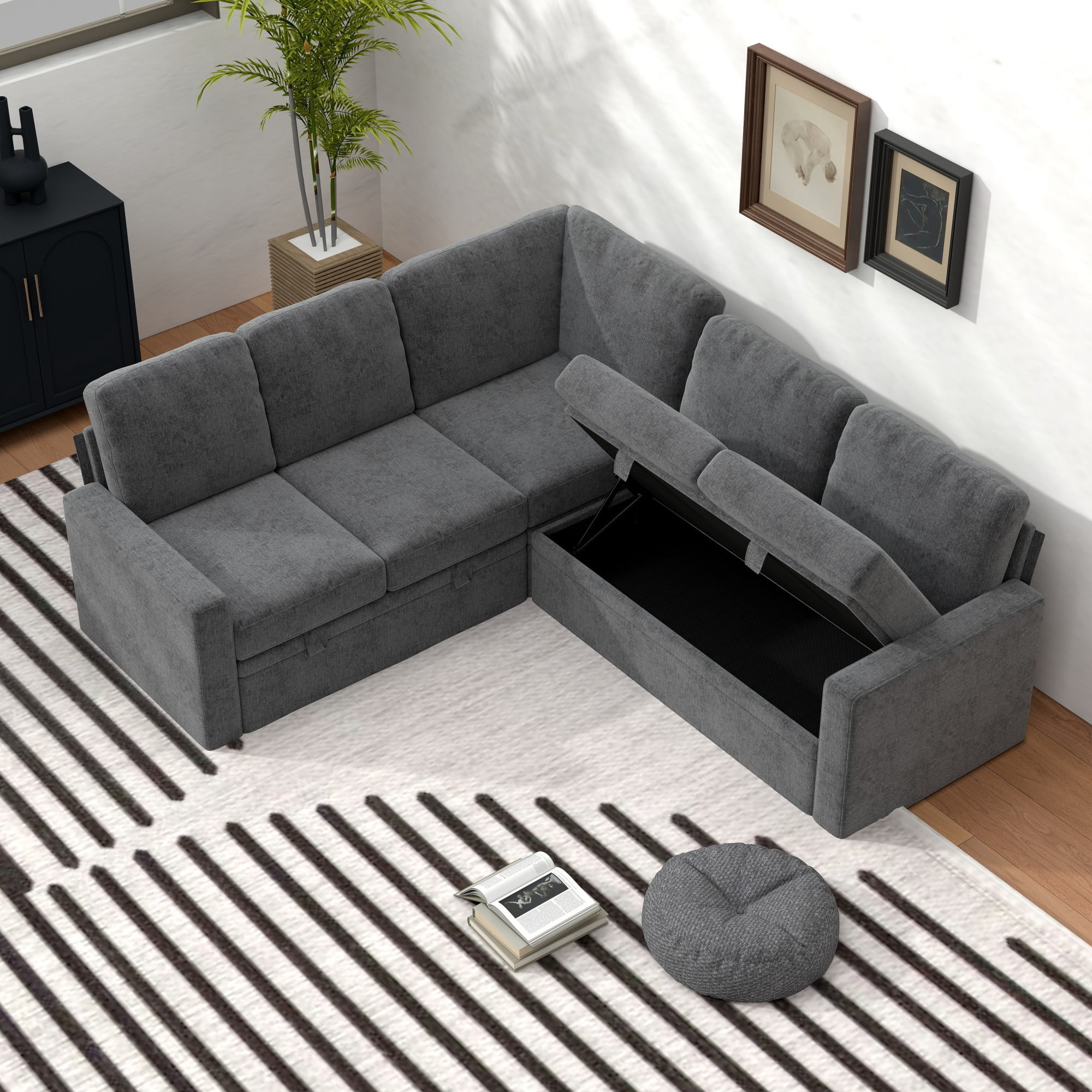 Gewnee 5-Seater Gray L-Shaped Convertible Sofa - Skin-Friendly & Wear-Resistant Chenille Fabric, Solid Wood Frame with Multifunctional Storage, for Living Rooms & Halls