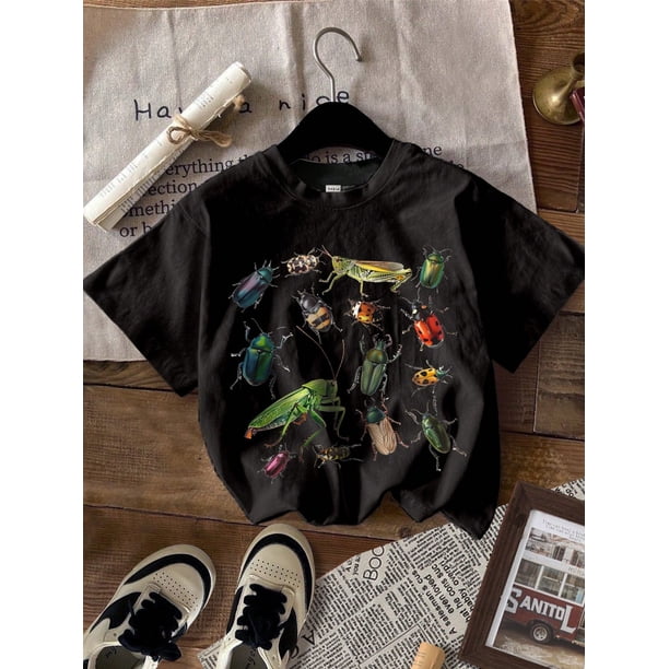 Young Boy Casual Insect Graphic Round Neck Short Sleeve T-Shirt, Suitable For Summer, Cotton Blend
