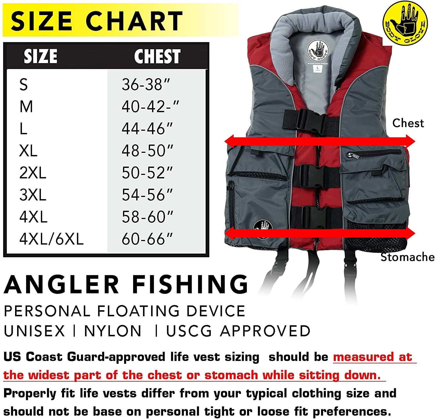 Body Glove Angler Unisex Adult Fishing PFD Life Jacket USCG Approved, Red