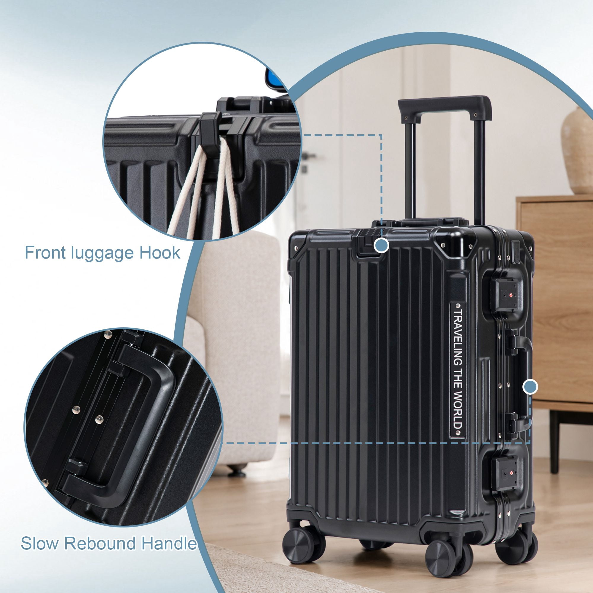 Alvantor Carry On Luggage 20" Hardside Luggage with Cup holder, Charging Port, Hook Black