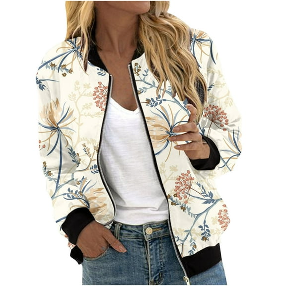 Lcziwo Bomber Jacket Women Trendy Lightweight Long Sleeve Casual Outerwear Floral Print Crew Neck Windbreaker with Zipper and Pockets 2025 Coats Khaki,L