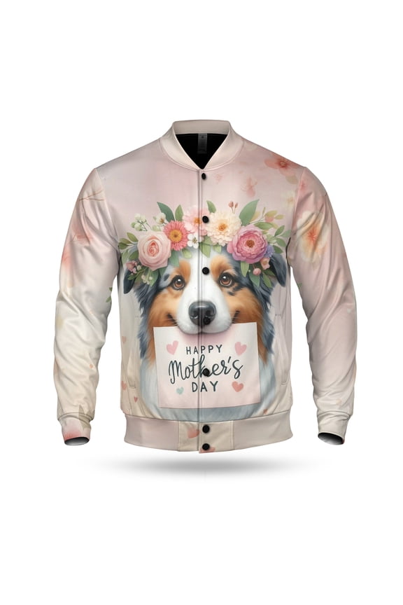 Happy Mother's Day Australian Shepherd with Flower Crown All Over Print 3D Baseball Jacket Aussie Dog Lover Gifts Bomber Jacket Softball - 13004