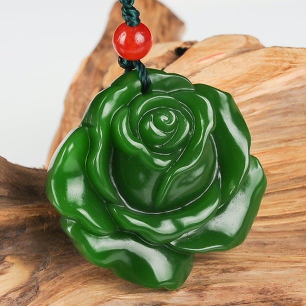 China hand carved Green Jade Rose Pendant Necklace Amulet