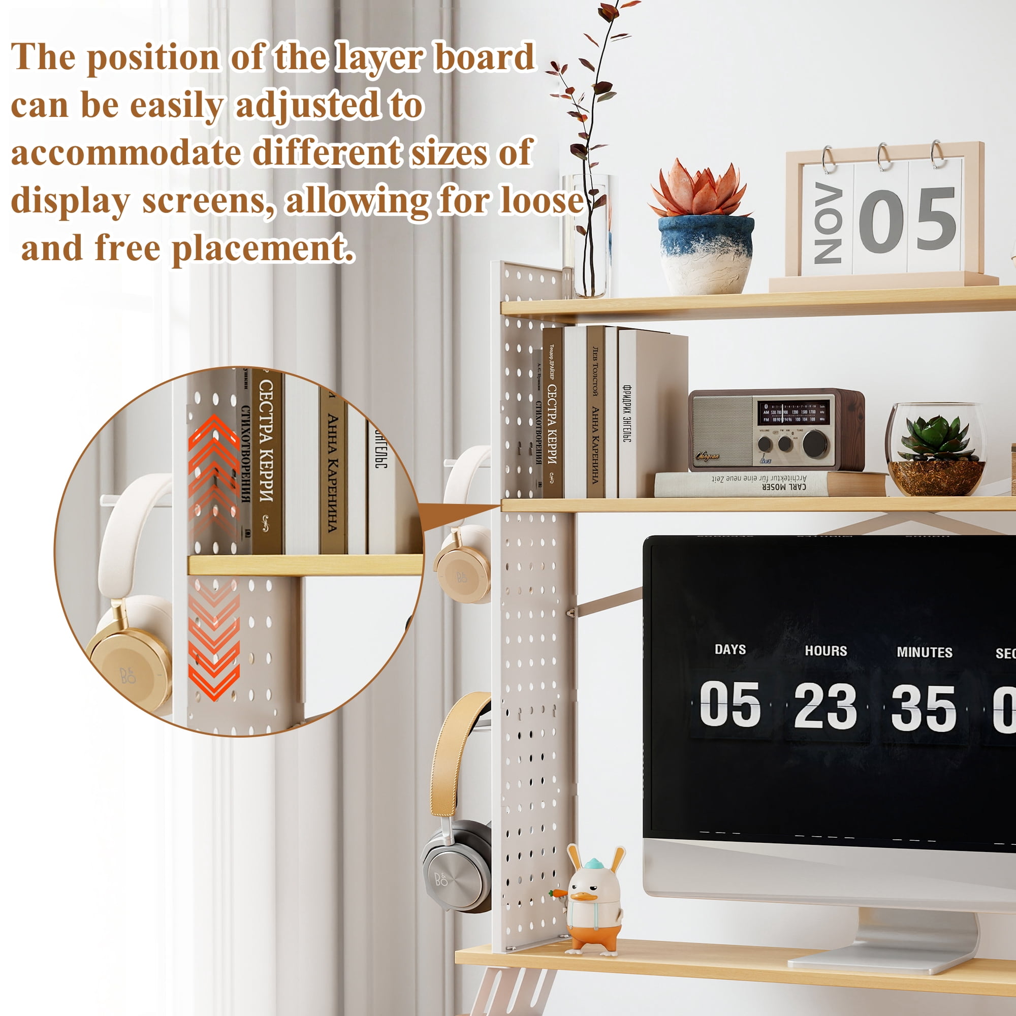 Gomok 2-in-1 Desktop Bookshelf, Adjustable 3-Tier Desk Shelf Bookcase Storage Rack with 3 Trays & 2 Grid Panels, White