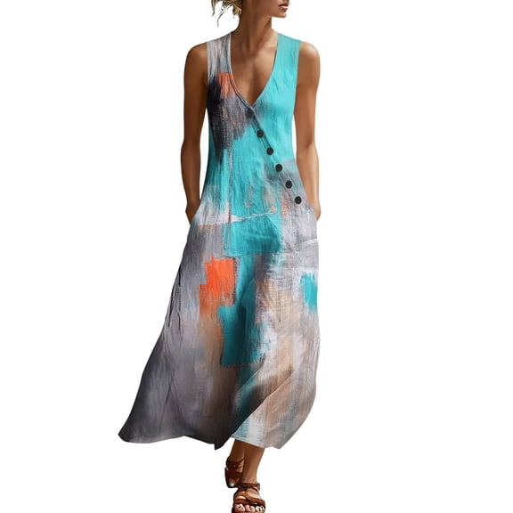 ZQUUVOU Women's Maxi Dresses Summer Floral Print Sleeveless Deep V Neck Tank Dresses A Line Button Down Beach Vacation Long Dress Multicolor