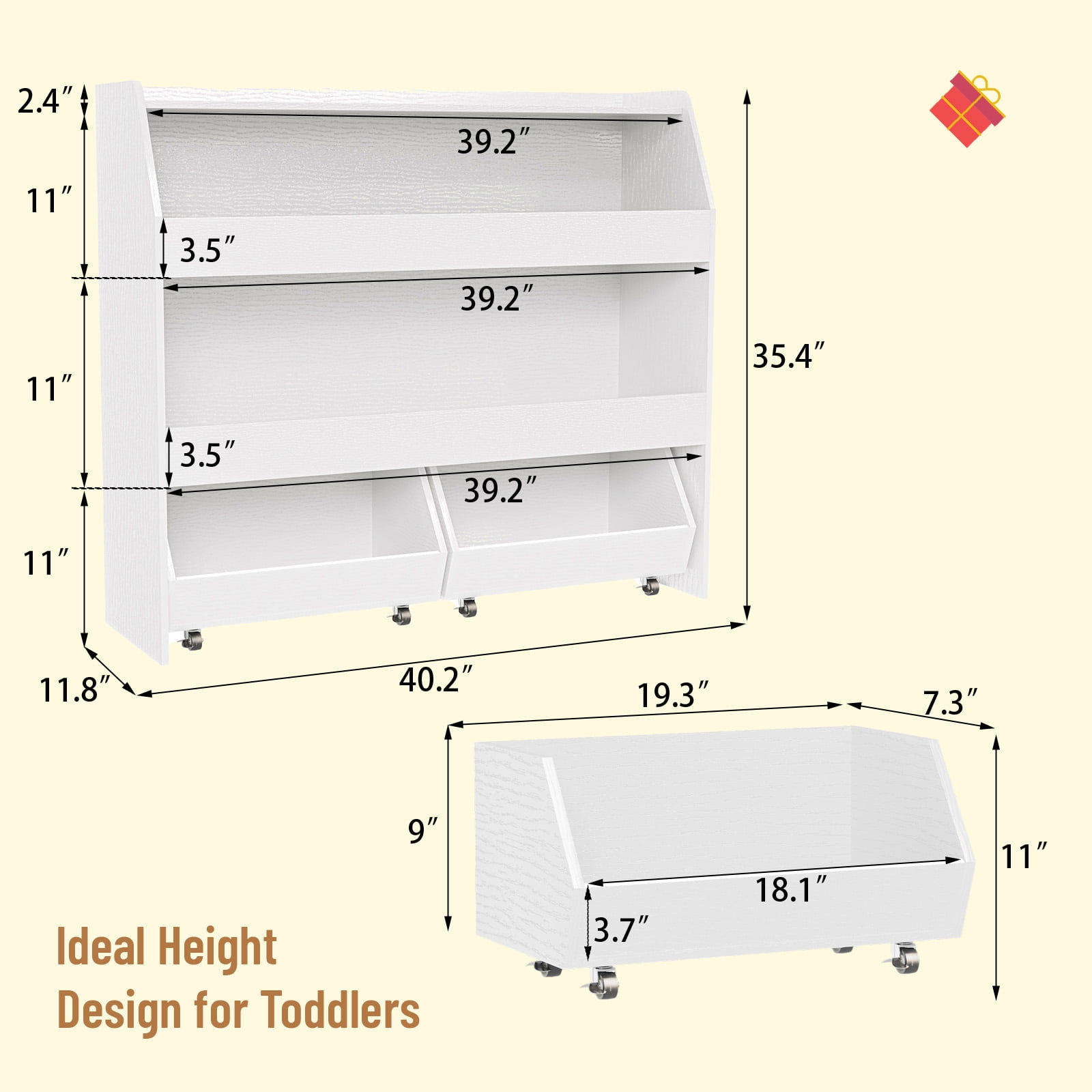 3-Tier Portable Toy Storage, Kids Toy Organizer W/2 Removable Bins with 4 Wheels（White)