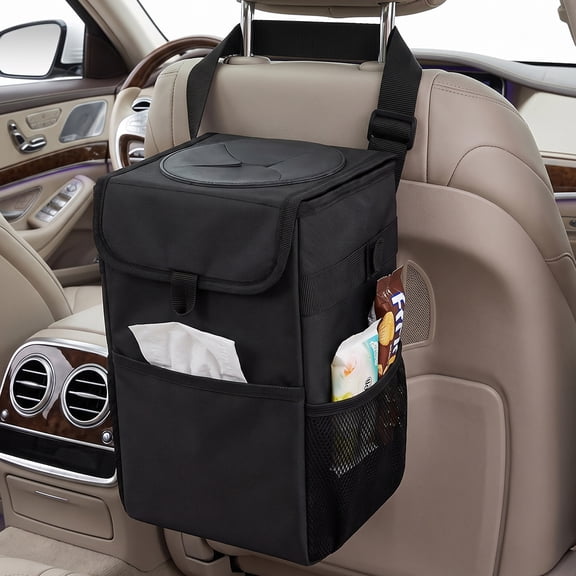 BN-LINK Car Trash Can with Lid, Leak-Proof & Waterproof Car Garbage Can with Storage Pockets, Hanging Auto Trash Bin for SUV, Truck & Back Seat Organizer, Black