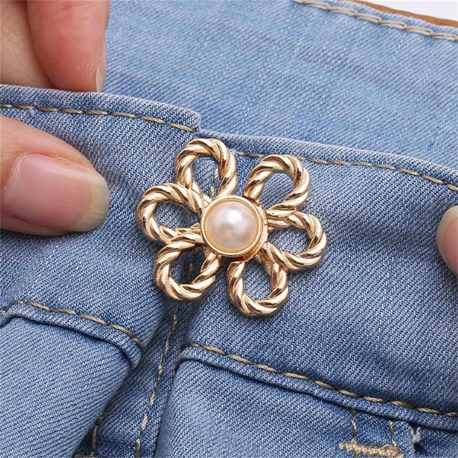 8 Pcs Adjustable Jeans Button Pins, Detachable Pants Buttons Pins, Flower Pearl Jeans Button Tightener, Decorative Detachable Waist Buckles for Loose Jeans, Pants, Skirts, Sleeves, 4 Colors