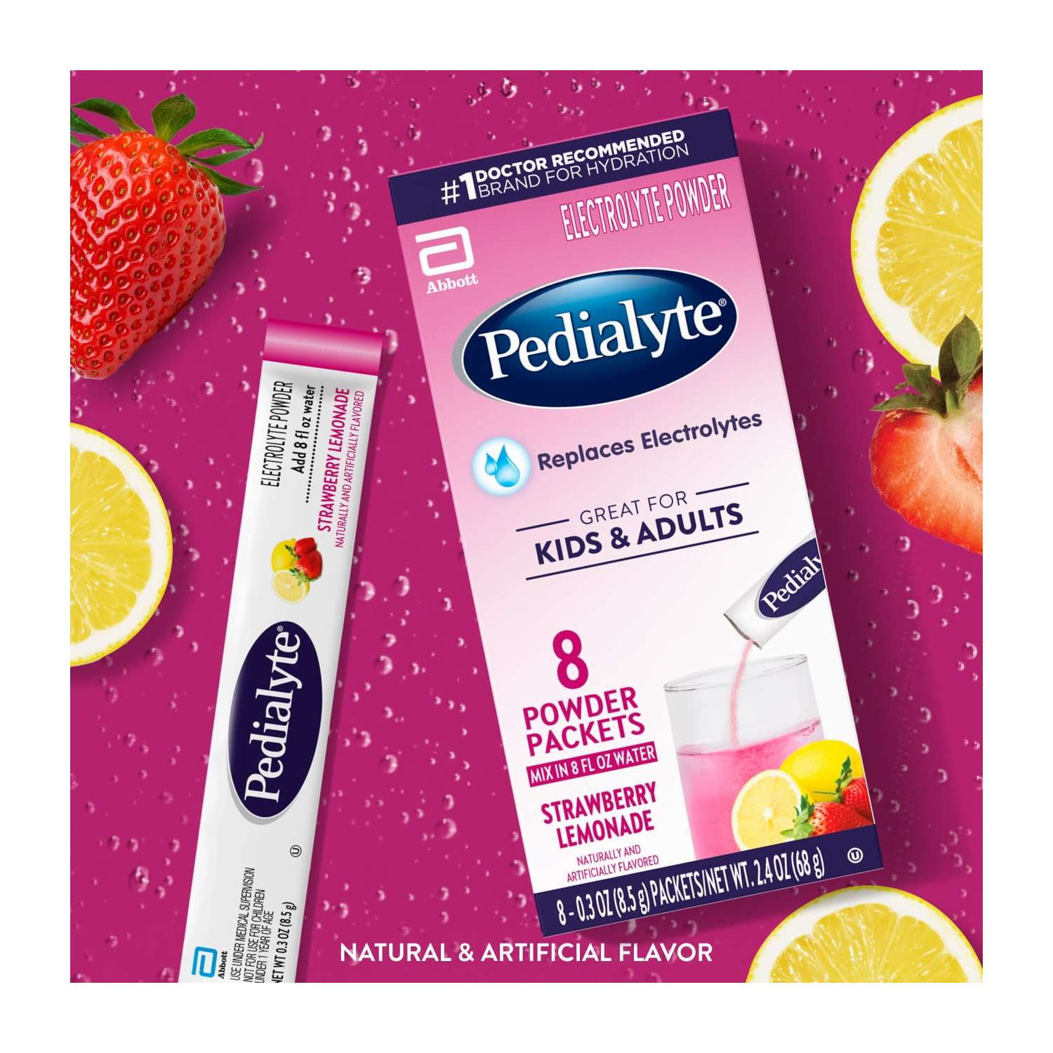 (4 pack) Pedialyte Electrolyte Powder, Strawberry Lemonade, 8 Powder Packets