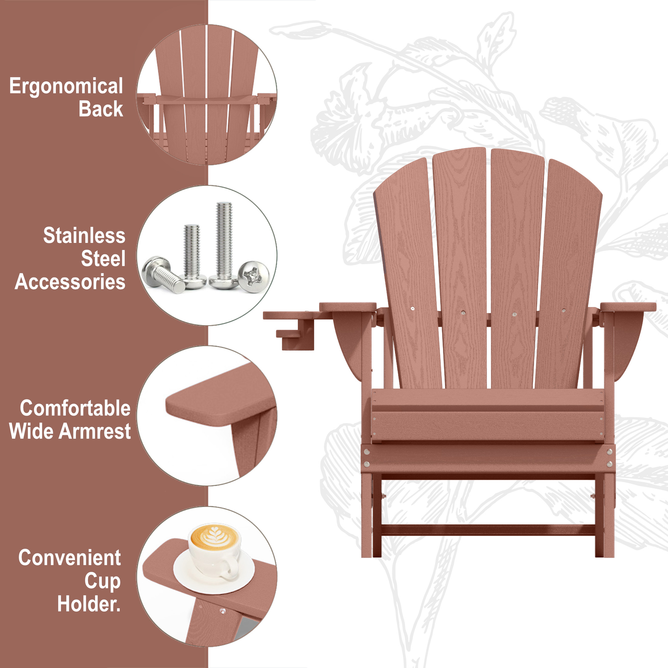 Adirondack Chair,HDPE All-Weather Patio Chairs Outdoor with Cup Holder, Lawn Chair with Weather Resistant for Outside Deck Lawn Garden, Weight Capacity Up to 380 Lbs –Coffee
