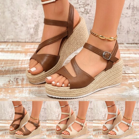Dakaela Womens Espadrille Wedge Sandals Ankle Strap Platform Summer Dress Shoes Comfortable Casual Walking Slip on Sandal Size 6,Beige