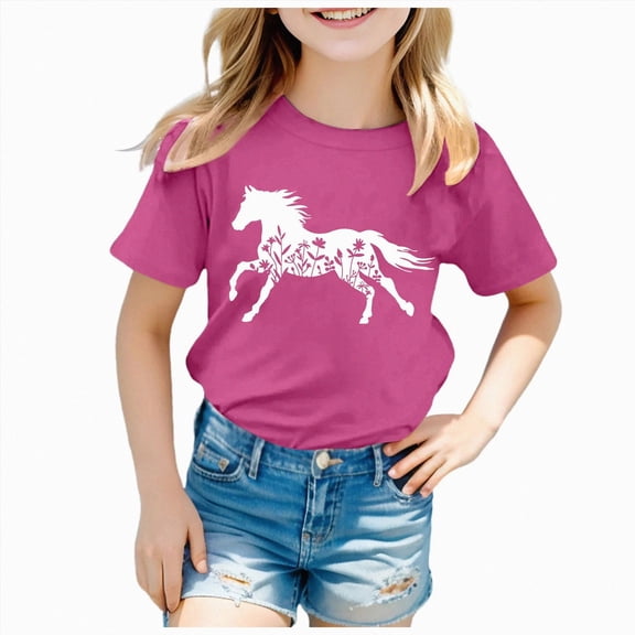 enyan Shirts for Girls Love Horses Print Shirt Youth Horseback Riding Casual Animal Graphic Tees 8-15 Year Old Hot Pink,11-12 Years
