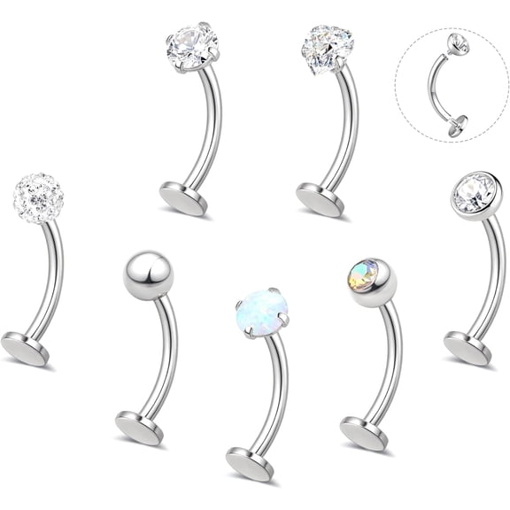 7PCS Floating Belly Button Ring for Women Hypoallergenic Surgical Stainless Steel Belly Rings Internally Threaded CZ Opal Long Bar Navel Barbell Flat Back Belly Piercing 12/14MM Silver Gold